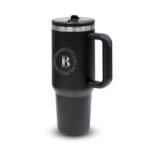 Black double-walled tumbler with handle and flip straw, reusable travel cup