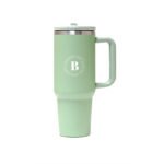 Green double-walled tumbler with handle and flip straw, reusable travel cup