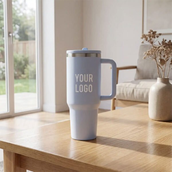 Double Walled Tumbler With Handle And Flip Straw Ice Blue