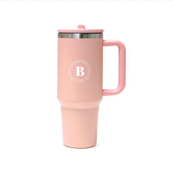Pink double-walled tumbler with handle and flip straw, reusable travel cup