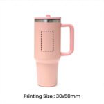 Pink double-walled tumbler with handle and flip straw, reusable travel cup logo print size