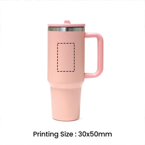 Pink double-walled tumbler with handle and flip straw, reusable travel cup logo print size