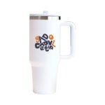 White double-walled tumbler with handle and flip straw, reusable travel cup