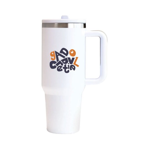 White double-walled tumbler with handle and flip straw, reusable travel cup